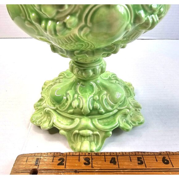 Ornate Vtg Green Ceramic Hand Crafted Pedestal Victorian Candy Jar Farmhouse - Picture 12 of 13